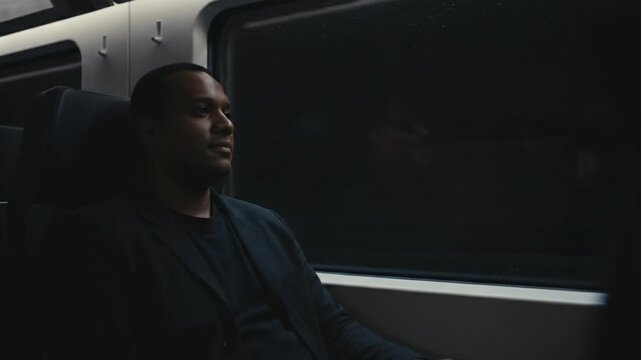 A pensive man sits by the window of a moving train at night, staring out at the blurred city lights as he travels, appearing thoughtful and calm in the dim interior light.