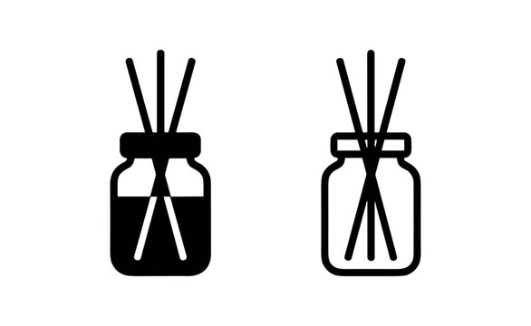 Reed diffuser aroma icon set with liquid and sticks in glass bottle