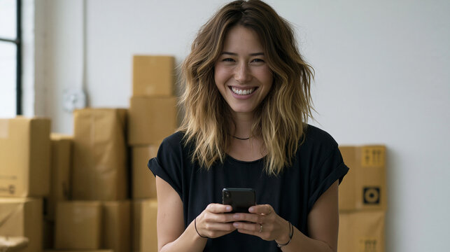 Smiling woman mobile phone cardboard box small business startup delivery warehouse entrepreneur using device for order