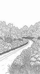Fototapeta premium Black and White Illustration of a Winding Country Road Through a Dense Forest