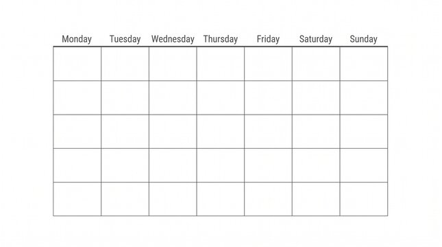 Minimalist blank monthly calendar template, clean white weekly planner grid with black text, professional organizer for business scheduling
