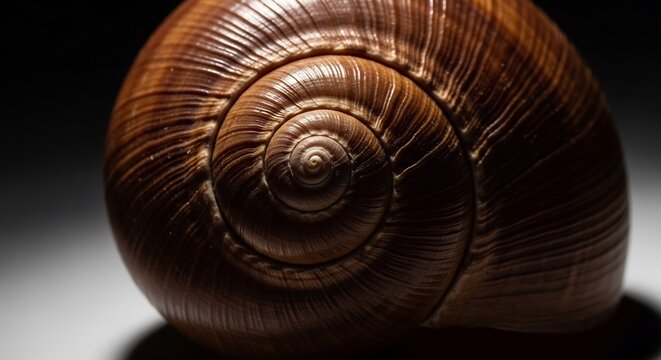 Macro close up of a brown snail shell featuring intricate spiral patterns and natural textures in dramatic lighting