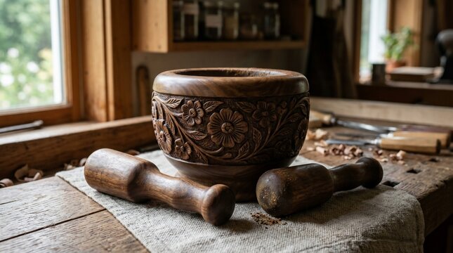 Hand carved wooden mortar and pestle in a workshop