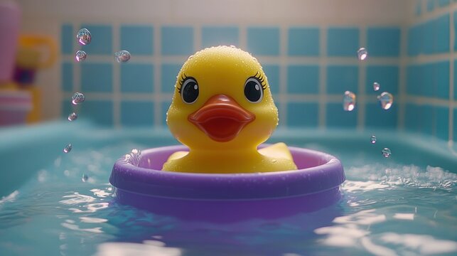 Playful yellow rubber duck in a purple float ring splashing in a tiled blue bathtub, cheerful expression
