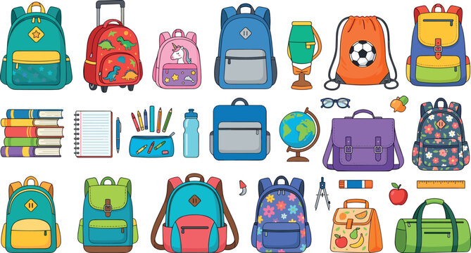 Colorful Back to School Backpack Vector Set with Children Rucksacks, Trolley Bags, Satchels, Books, Pencil Cases, and Stationery Supplies for Student Education Graphic Designs