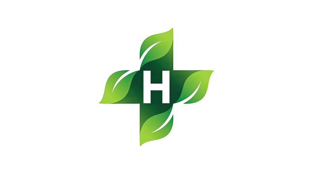 Green leaf cross medical health letter H logo