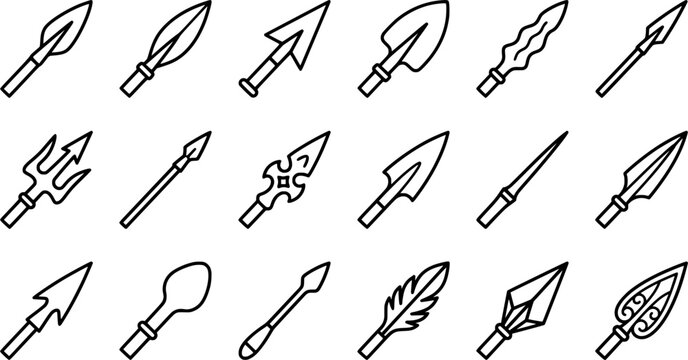 Spear and Lance Icon Set with 18 Black and White Medieval Weapon Outline Variations