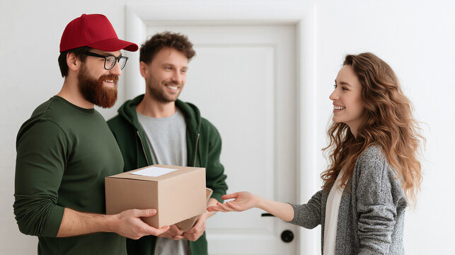 Delivery parcel courier woman man door home package hand smile weekend delivery at home door with courier giving parcel to smiling woman