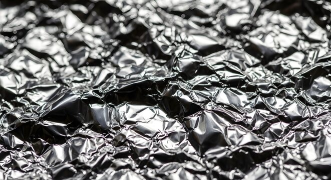 Close-up of crumpled and textured aluminum foil surface with reflective highlights.
