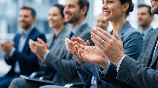 Audience claps during a business presentation at a conference in a modern building