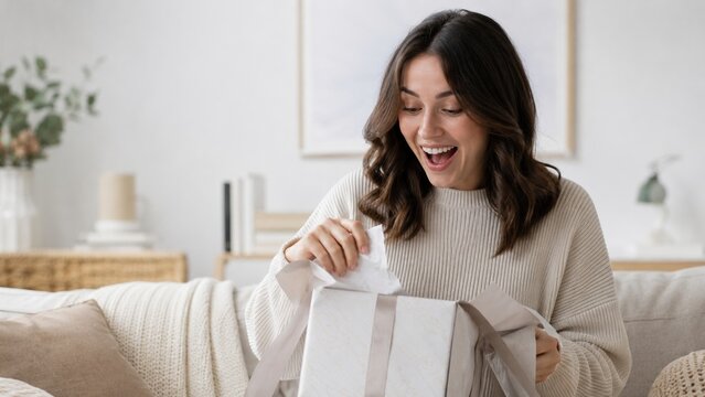 Woman opens a gift package in a living room during a special occasion