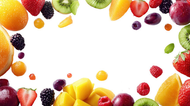 Fresh mixed fruit border with citrus kiwi berries mango and mint leaves on transparent background