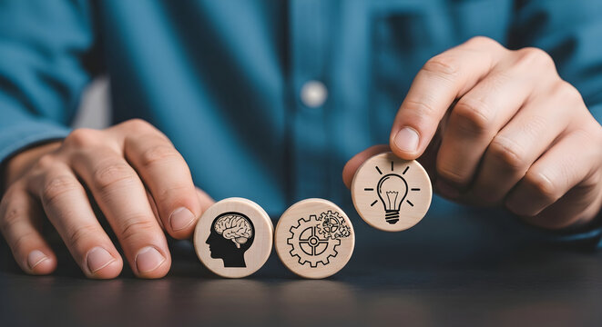 Business Person Arranging Wooden Blocks Representing Innovation Creative Thinking Strategy Brainstorming and Conceptual Problem Solving Process