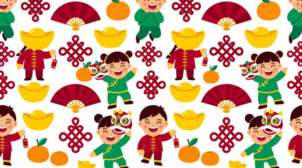 Fototapeta premium Chinese New Year Kids Pattern: Dragons, Oranges, Gold Ingots, Fans