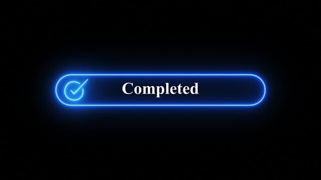  glowing neon completed checkmark  animation video on black background, Motion graphics video clip of a glowing neon blue checkmark inside a rounded rectangle symbolizing a completed task.
