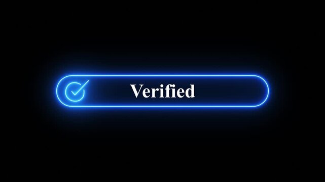 Dynamic  motion graphics animation of a glowing  neon verified badge with checkmark on black background, A high-quality motion graphics animation featuring a glowing neon  pill-shaped frame 