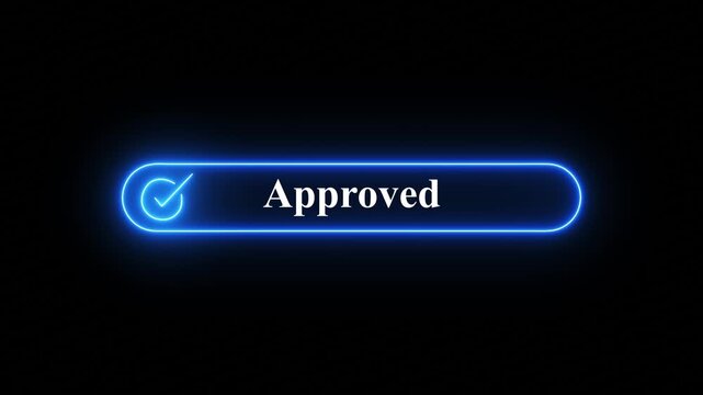 Glowing  Neon Approved Button with Checkmark Icon on Dark Black Background for Digital Interface, Luminous teal neon approved button with checkmark icon set against a clean black background.  