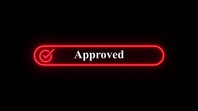 Glowing  Neon Approved Button with Checkmark Icon on Dark Black Background for Digital Interface, Luminous teal neon approved button with checkmark icon set against a clean black background.  