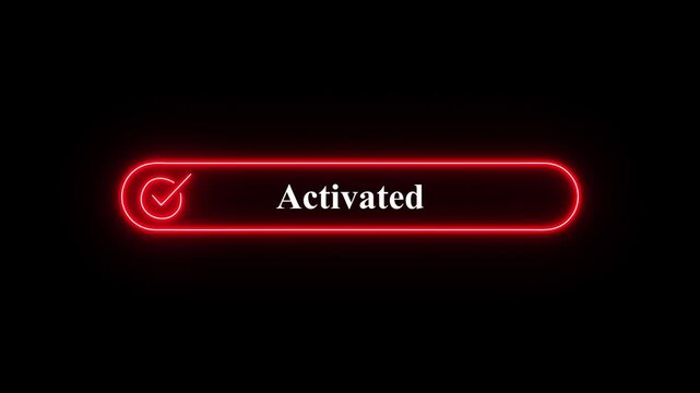Futuristic Glowing Neon  User Interface Button Displaying Activated Status with Checkmark on Dark Background, Luminous neon  UI banner element displaying a checkmark icon and activated text  