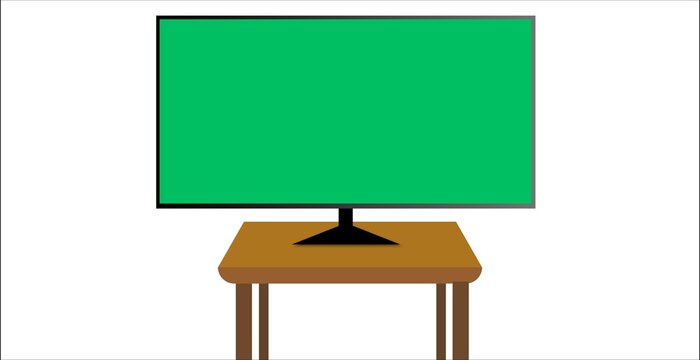 Modern smart TV mockup on a wooden table featuring a green screen chroma key display for custom content editing.