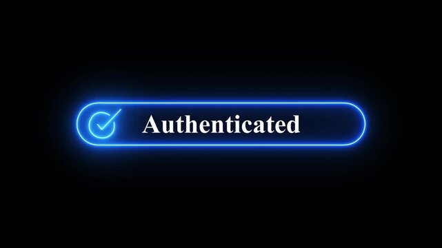 Glowing  neon authenticated button with checkmark icon on black background representing cybersecurity and digital validation. A glowing  neon button featuring a checkmark and the word Authenticate