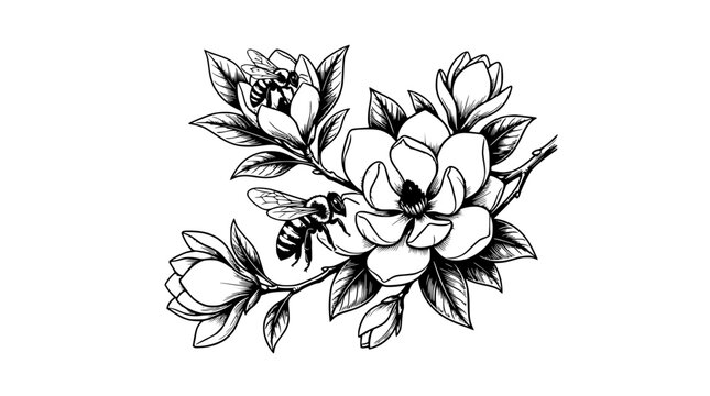 Black and White Line Art Illustration of Honey Bees on Magnolia Flowers