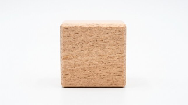 Natural wooden block on white background, blank timber cube for text or logo mockup, solid wood square element for construction and education
