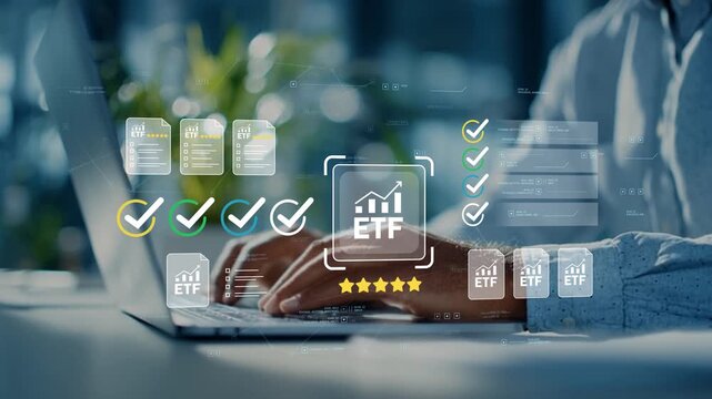 Business executive reviewing ETF investment portfolio with animated checklist, financial documentation and digital compliance management platform