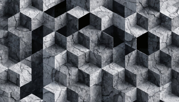 Cracked stone cube tessellation pattern, retro gray geometric background
