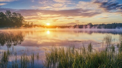 Obraz premium Sunrise over a misty lake with reflections and reeds
