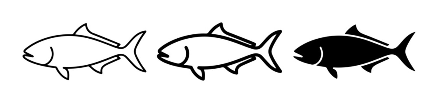 3 Fish Icons Outline Silhouette Flat, for Seafood and Marine Life Concepts