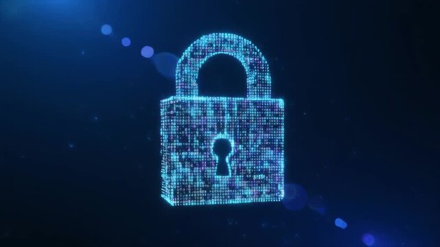 Cyber security concept with binary code digital padlock on dark blue background