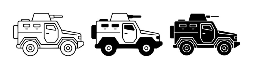 3 Armored Vehicles Icons, Outline and Silhouette, for Military and Security Concepts © Designhouse