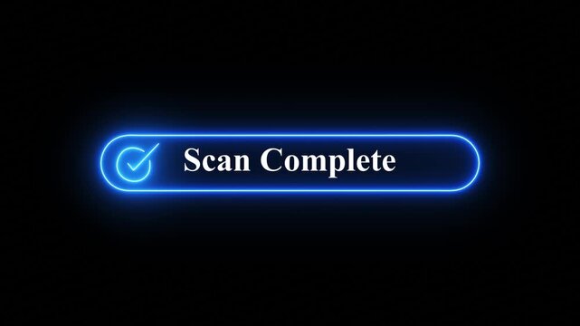Vibrant Neon  Glow Sign Displaying Scan Complete Message with Checkmark on Digital Black Background, Modern Technology Concept,A vivid neon green light forms a rounded rectangle containing the text  