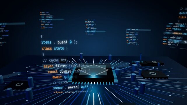 Code plates orbiting a glowing core on a cobalt circuit board with radial traces 3D animation seamless loop