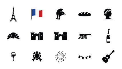 Obraz premium Elegant black with minimalist 4x4 grid black silhouette icons representing diverse cultural symbols festive elements against stark white background