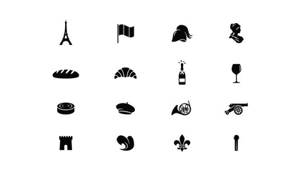 Obraz premium Minimalist black icon set featuring cultural symbols and lifestyle elements in flat design style with symbolic motifs arranged structured 4x4 grid against neutral background