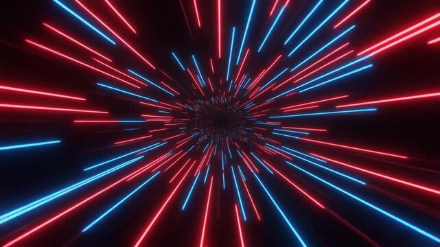 Fast dynamic streaks of bright red and blue neon light trails zooming through dark digital 