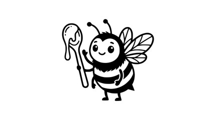 Naklejka premium Cute Cartoon Bee Holding a Honey Spoon Line Art