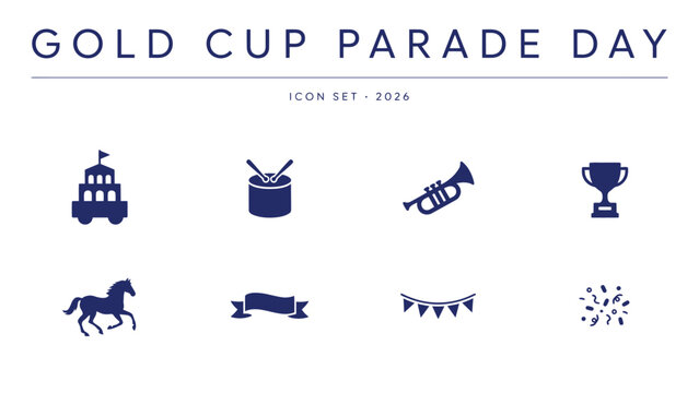 Celebration icon set featuring parade elements and trophy designs for event promotion with displays minimalist icon collection with collection