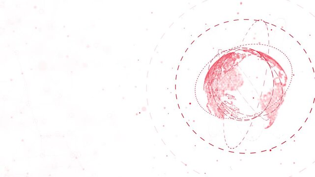 Clean red global orbit visual with white copy space, soft particles, network lines, and minimal globe design. Perfect for business videos, science presentations, and overlays.
