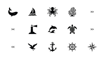 Modern minimalist black and white marine adventure navigation vector icons set with navigation tools arranged grid against neutral background © SabitaRani
