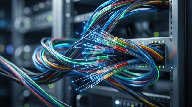 Close-up of colorful fiber optic cables connected to server rack in data center, glowing network infrastructure, high-speed internet technology, telecommunications equipment, di...