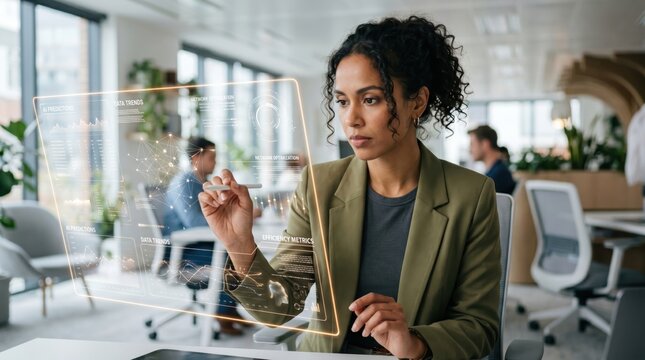 Businesswoman interacting with futuristic holographic data interface in modern office, analyzing trends and metrics on transparent screen, innovation in corporate environment, a...