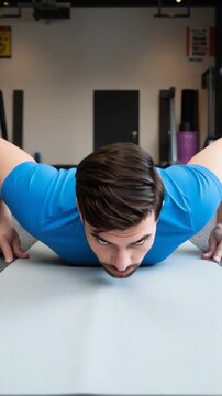 A man wearing a blue shirt is exercising with a push-up at the gym, ready to get up from his position on the floor.