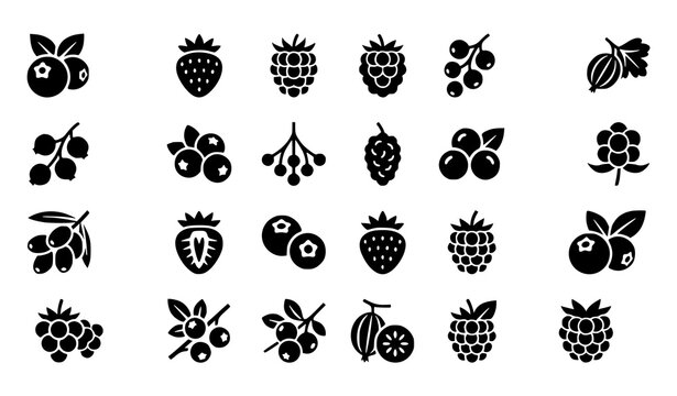 32x32 pixel perfect berry icon collection with black fruit glyph vector symbols isolated on white background