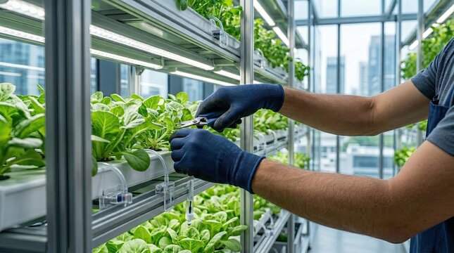 Modern hydroponic farming technology, worker harvesting fresh organic lettuce in vertical indoor greenhouse with automated grow lights and irrigation systems for sustainable agr...