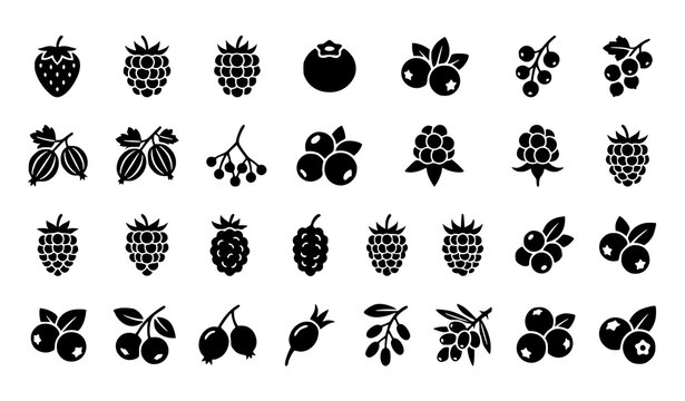 Premium pixel perfect berries glyph icon vector pack 32x32 fruit symbols isolated on white background