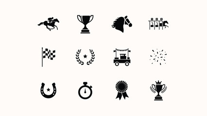 Obraz premium Minimalist black icons set with high contrast icons depicting equestrian themes traditional victory symbols clean racing elements traditional