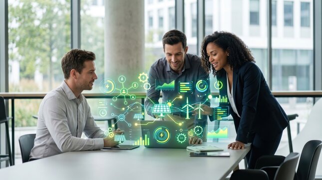 Business team analyzing sustainable energy solutions with holographic interface, green technology dashboard showing solar wind power metrics, eco-friendly innovation meeting for...